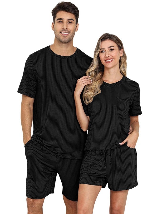 EISHOPEER Ribbed Knit Pajamas for Women Lougewear Sets 2 Pieces Short Sleeve Tshirt and Shorts Black Medium - Image 1